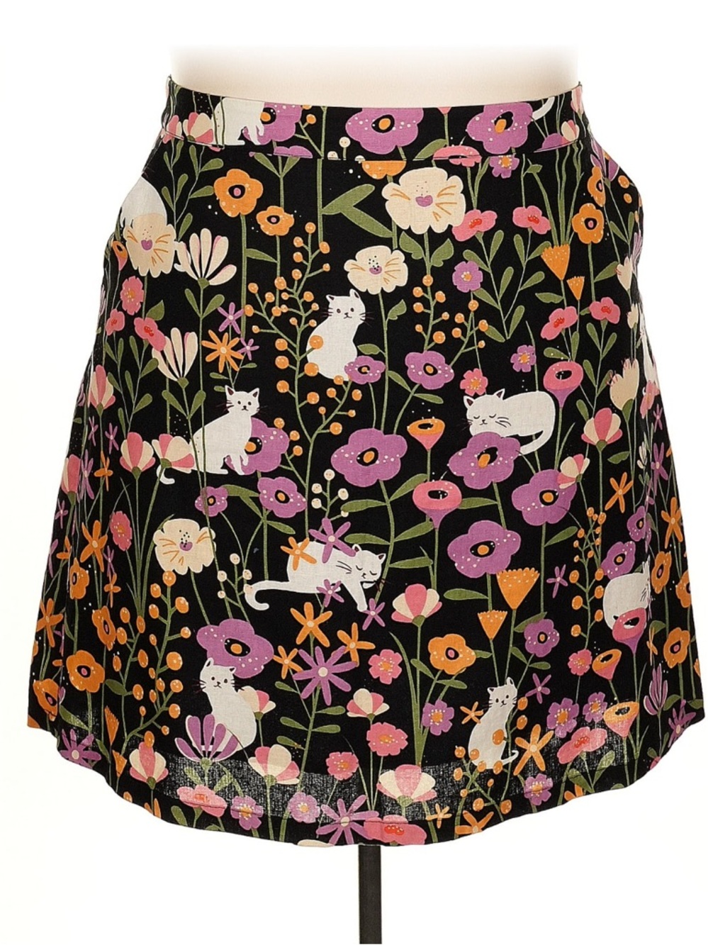 Princess Highway Black Skirt with Pink Purple Orange Floral & White Cat Print